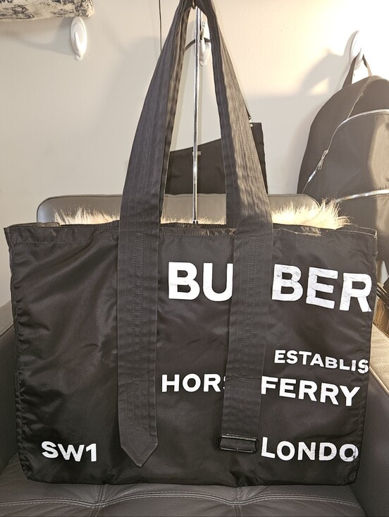 Burberry Handbags - Burberry XL Black Nylon Tote with White Logo Text